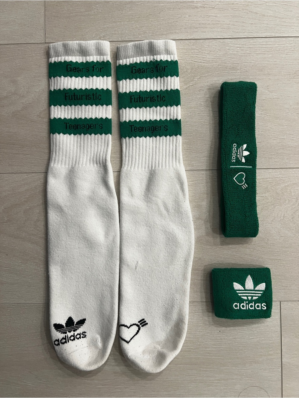 adidas Tennis White Crew Socks with Green headband and Matching Green Wristbands